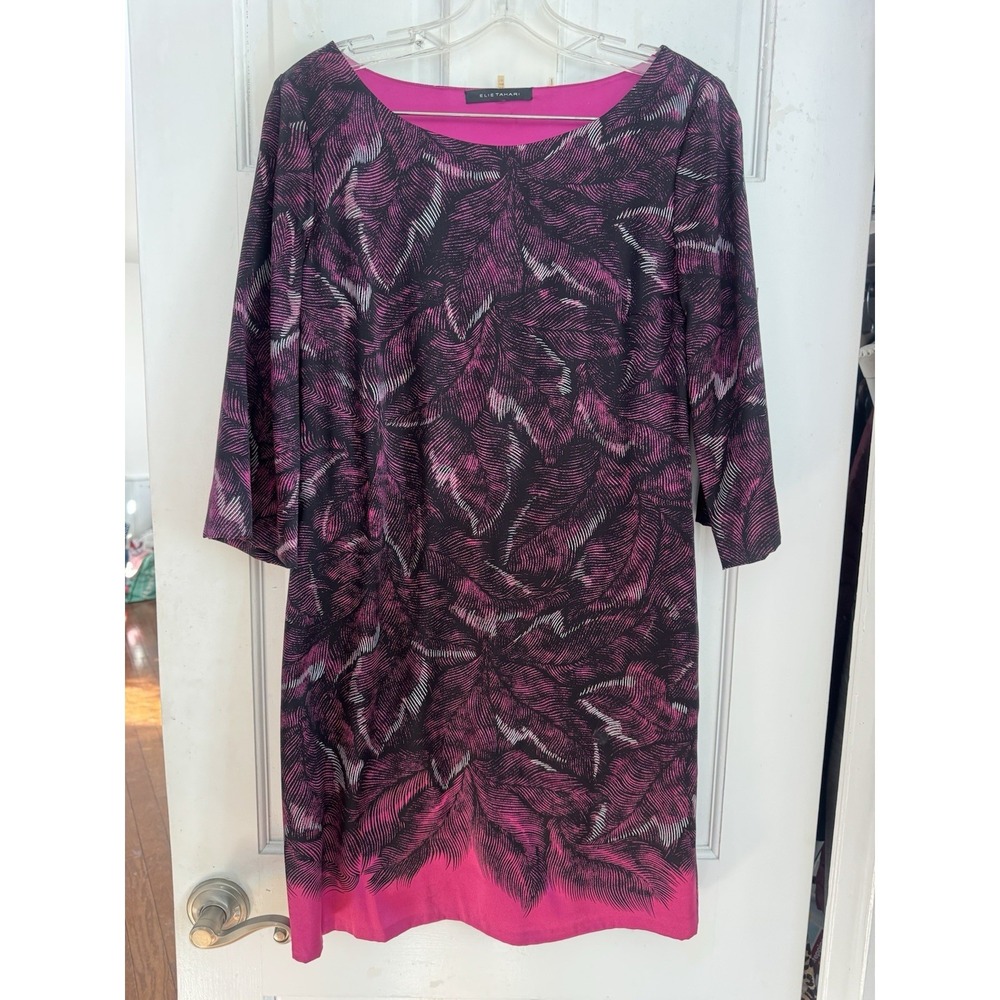Elie Tahari Abstract Print Shift Dress Size 6 Magenta Pink Black Chic Modern - Picture 2 of 9